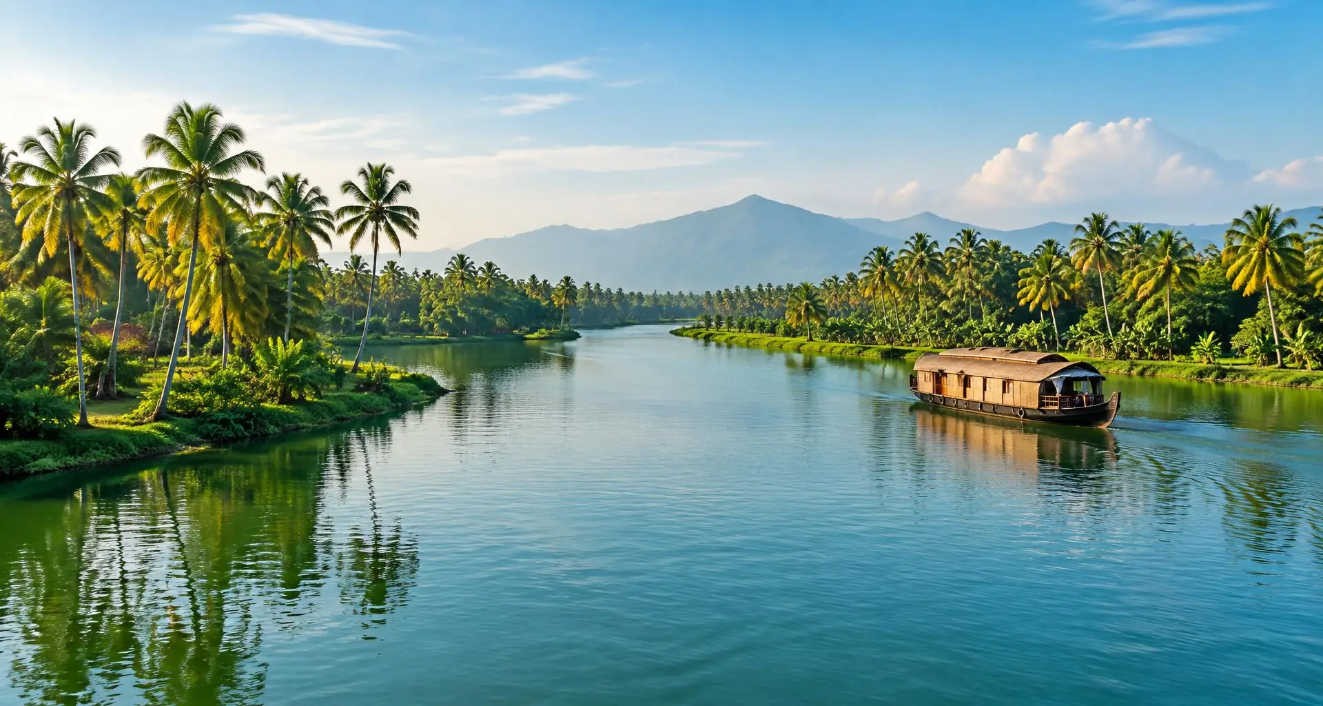 Palm-lined Kerala backwaters with a traditional houseboat